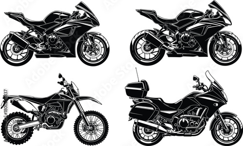 Detailed motorcycle silhouette collection featuring sport bike, dirt bike and touring motorbike illustrations, high quality vector design for automotive projects