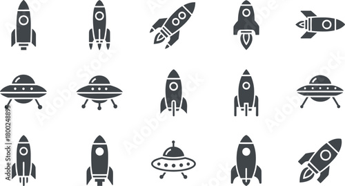 Fototapeta Naklejka Na Ścianę i Meble -  Rocket ship and UFO icon collection featuring space exploration symbols, sci-fi spacecraft designs, vector illustration set for technology and creativity