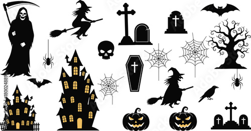Spooky Halloween illustration set with haunted house, witch, grim reaper, pumpkins, bats, spiders, tombstones and creepy tree elements for decoration