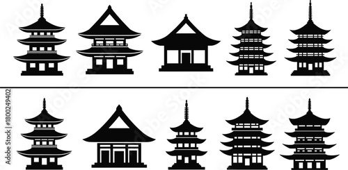Asian temple and pagoda silhouette collection featuring traditional Japanese architecture, cultural buildings, historic structures, vector illustration set for design