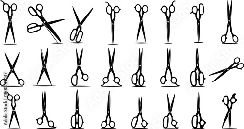Scissors silhouette collection featuring barber scissors, sewing scissors, cutting tools, hairdressing shears, office tools, vector illustration set for design