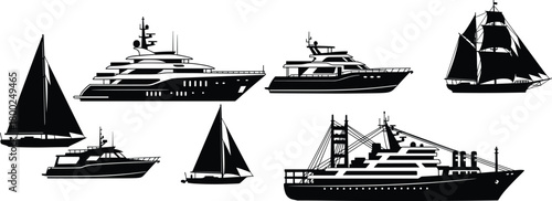 Boat and ship silhouette collection featuring yachts, sailboats, cargo vessel, modern boats, marine transportation vector illustration set for nautical design