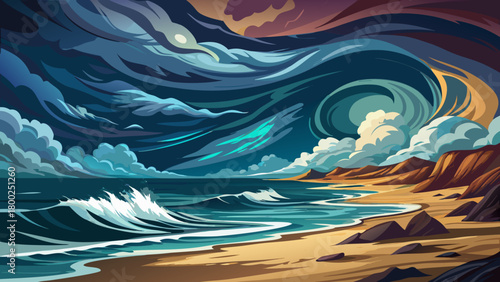 Very beautiful dramatic ocean shoreline with dark storm clouds approaching a coastal beach, turbulent waves crashing against the sand, wind-shaped patterns, moody atmosphere, safe and non-specific pow