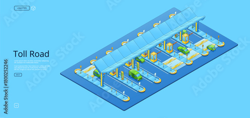 Isometric toll road with cars and checkpoint booth