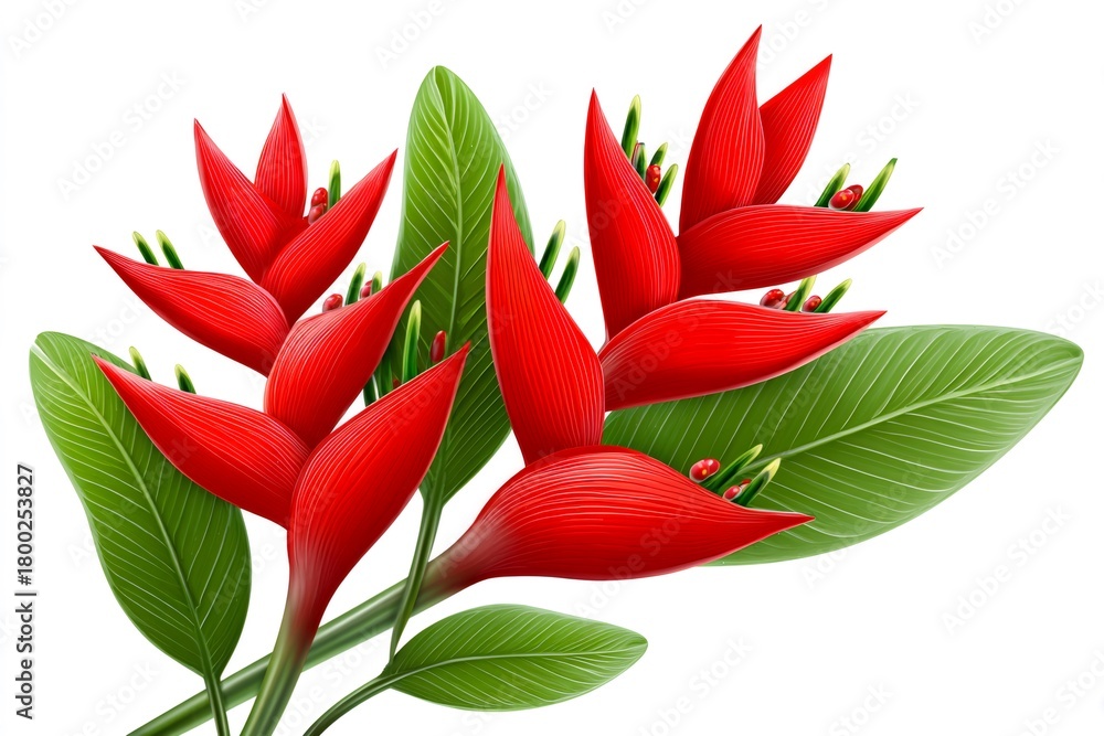 Fototapeta premium Heliconia flowers red tropical botanical illustration