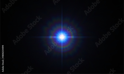 Bright blue star light effect on black background cosmic explosion lens flare effect stock photo