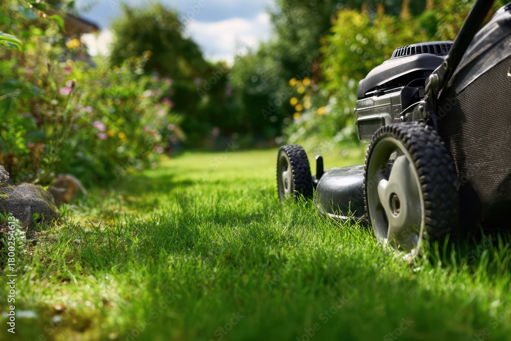 Fototapeta premium Lawn Mower Cutting Lush Green Grass in Backyard