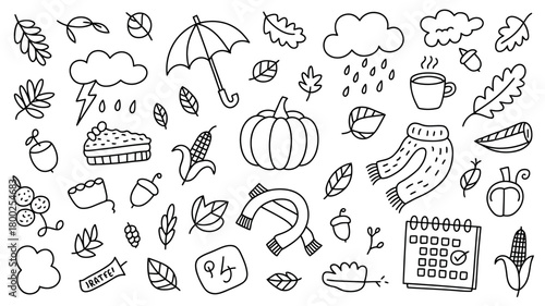A collection of hand-drawn autumnal illustrations including a pumpkin, pie, umbrella, and sweater.