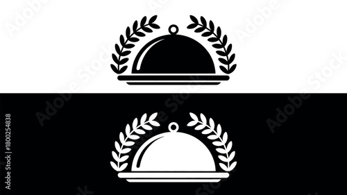 A culinary award symbol featuring a cloche and laurel wreath on black and white backgrounds.
