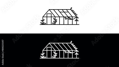 A simple line drawing of a greenhouse with plants growing on a black and white background.