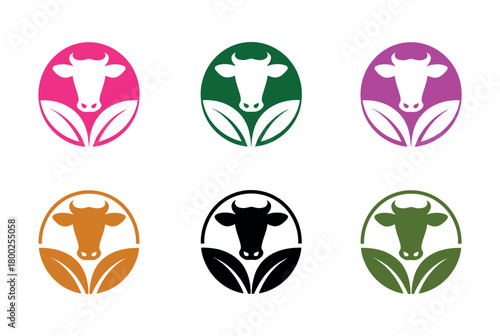 Collection of stylized cow and leaf icons in various color palettes