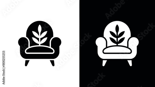 A stylized armchair with a plant design is shown in both black and white.