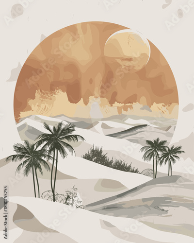 A warm, atmospheric desert landscape featuring rolling sand dunes, scattered palm trees, and a large textured sun that creates a serene and dreamy oasis scene.