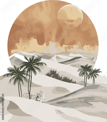 A warm, atmospheric desert landscape featuring rolling sand dunes, scattered palm trees, and a large textured sun that creates a serene and dreamy oasis scene.