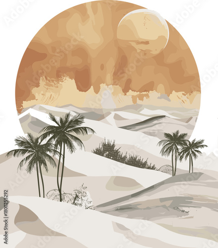 A warm, atmospheric desert landscape featuring rolling sand dunes, scattered palm trees, and a large textured sun that creates a serene and dreamy oasis scene.