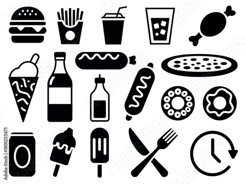 A collection of simple black icons representing fast food and beverages.