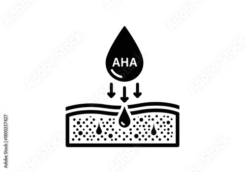 Illustration of AHA application on skin with arrows drops showing the penetration process and skin texture