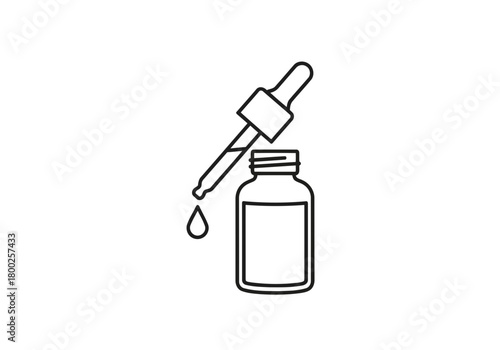 A black outline drawing of a dropper poised above a dropper bottle with a single drop falling from the dropper tip