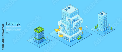 Buildings banner with isometric office, hotel
