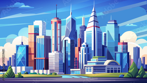 Very beautiful panoramic urban skyline featuring tall modern towers and classic architectural buildings rising together under a clear blue sky, showcasing a vibrant and evolving cityscape with clean 