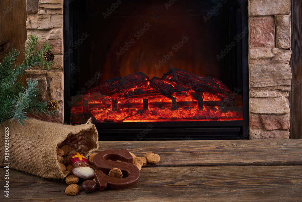Obraz premium Saint Nicholas - Sinterklaas sweets near the fireplace