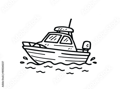 handdrawn cute doodle style harbor speedboat vector line illustration