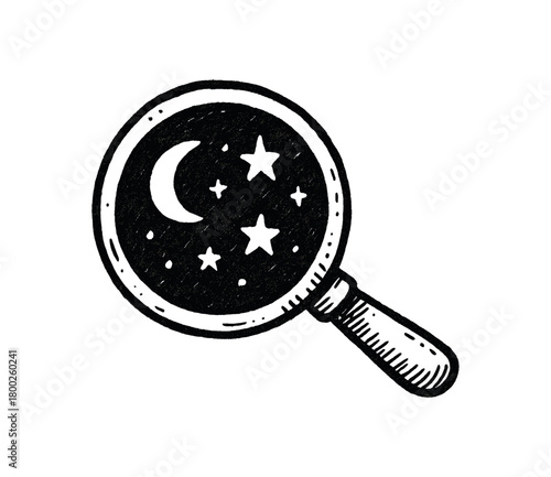 handdrawn cute doodle style night sky viewer lens vector line illustration