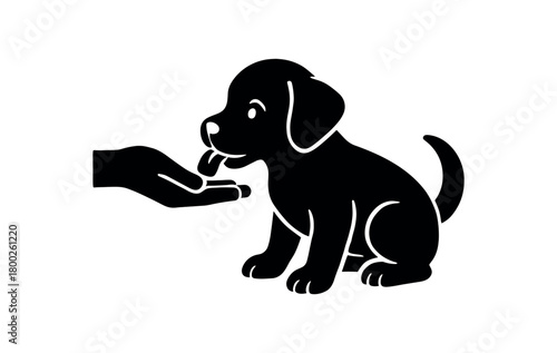 puppy licking hand flat black solid vector illustration isolated on white background
