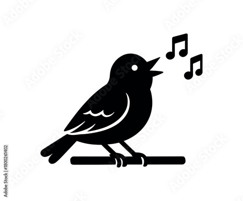bird singing on branch flat black solid vector illustration isolated on white background