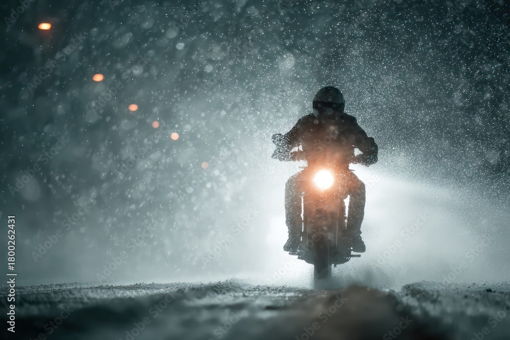 Fototapeta premium Motorcycle Rider in Dramatic Night Snowstorm Setting