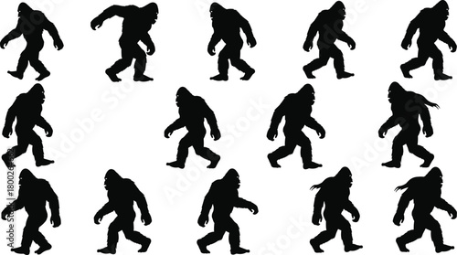 Black Bigfoot silhouettes walking in various poses against a white background Sasquatch