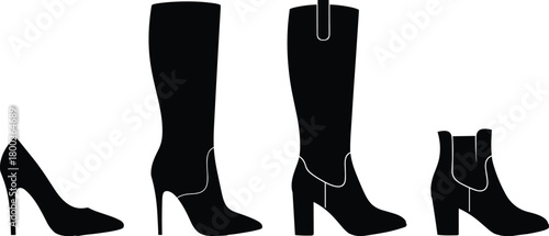 Black silhouette collection of women's footwear including high heel pump knee high boots and ankle boots