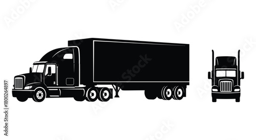 Black silhouette of a semi truck and trailer viewed from the side and front tractor trailer