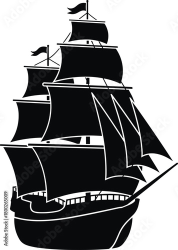 Black silhouette of a tall ship with full sails and flags sailing ship black and white