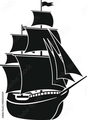 Black silhouette of a three masted sailing ship with full sails and a flag black and white