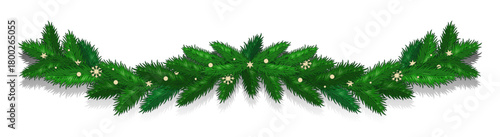 Symmetrical arrangement of lush green pine branches with subtle white highlights creating a festive holiday garland shape