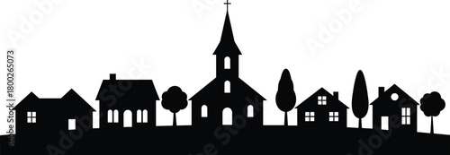 Black silhouette of a village skyline with a church and houses town