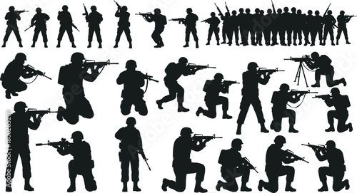 Black silhouette soldiers with rifles in various poses on white background military