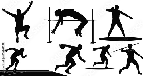 Black silhouettes of athletes performing track and field events athletics running