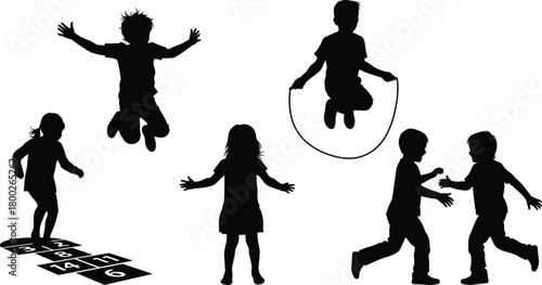 Black silhouettes of children playing hopscotch jumping rope and running kids white
