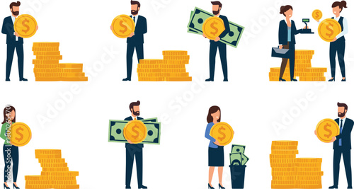 Business people with stacks of gold coins and dollar bills money finance