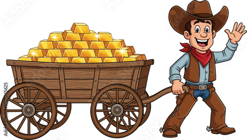 Cartoon cowboy pulling a wooden cart full of gold bars and waving wagon