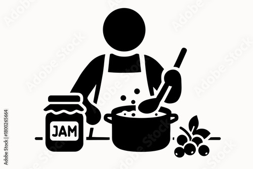 person making jam from berries flat black solid vector illustration isolated on white background