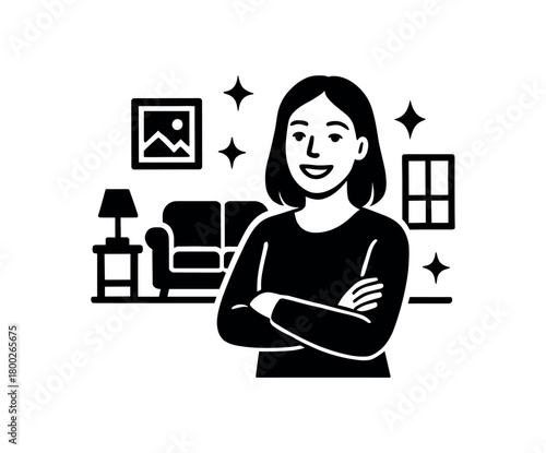 woman smiling at clean home flat black solid vector illustration isolated on white background