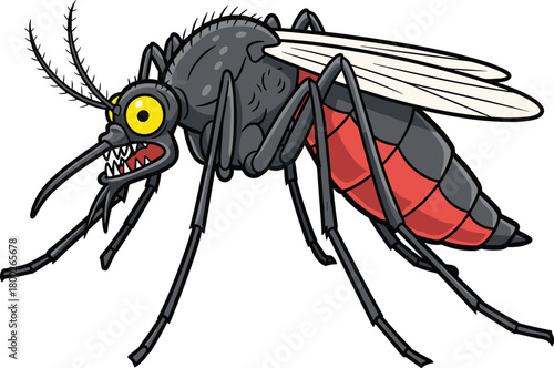 Cartoon mosquito with sharp teeth and yellow eyes on white background insect pest