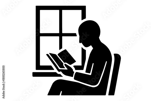 person reading book near window flat black solid vector illustration isolated on white background