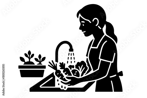 woman washing vegetables from garden flat black solid vector illustration isolated on white background