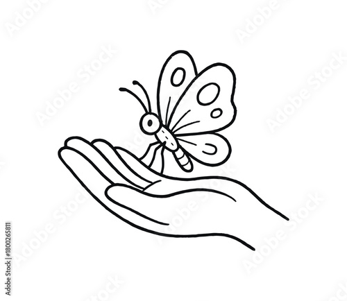 handdrawn cute doodle style butterfly resting on hand vector line illustration