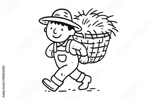 handdrawn cute doodle style farmer carrying hay basket vector line illustration