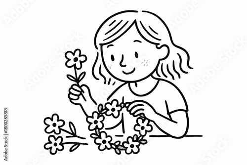 handdrawn cute doodle style woman making flower wreath vector line illustration